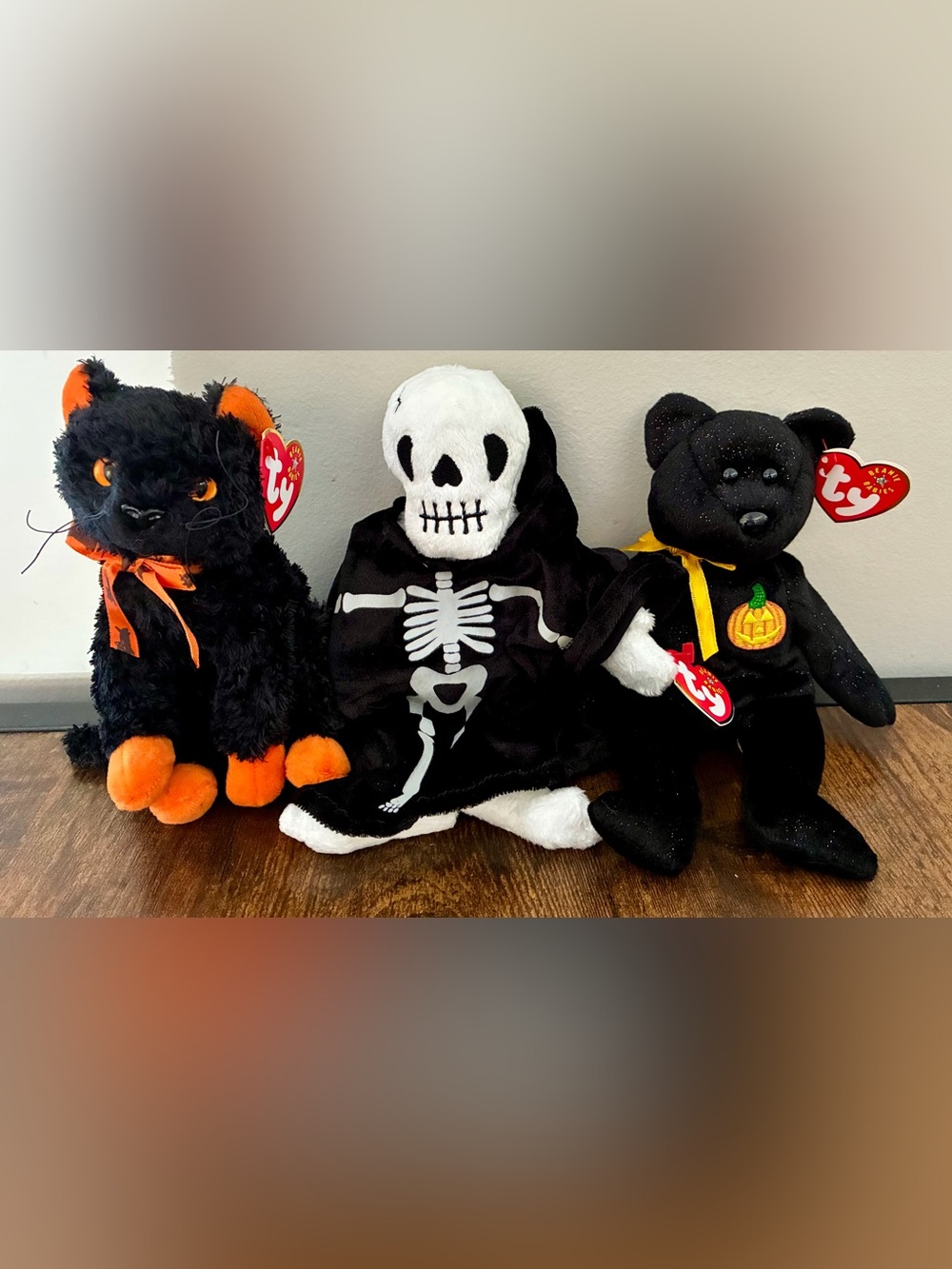 Ty Beanie Baby Halloween Lot Fraidy the Cat, Creepers the Skeleton, Haunt Bear